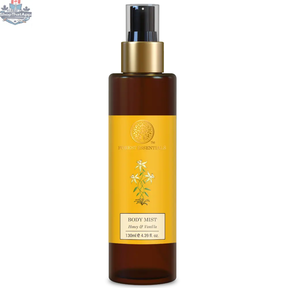 Forest Essentials Honey & Vanilla Body Mist bottle with floral and vanilla accents, showcasing the elegant packaging and product label.