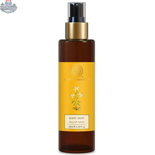 Forest Essentials Honey & Vanilla Body Mist bottle with floral and vanilla accents, showcasing the elegant packaging and product label.