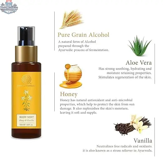 Forest Essentials Honey Vanilla Body Mist with aloe vera, featuring a hydrating, fragrant vanilla honey scent for all-day freshness.