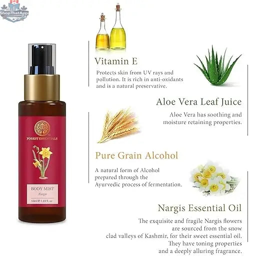 Forest Essentials Nargis Body Mist with aloe vera, a fragrant spray for all-day hydration and fresh floral scent.