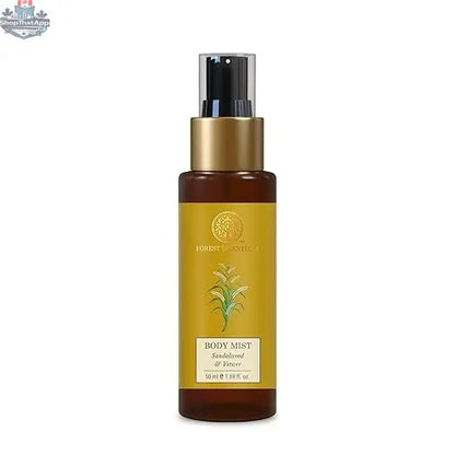 Forest Essentials sandalwood and vetiver body mist with aloe vera for hydrating, fragrant skin throughout the day.