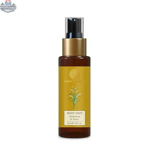 Forest Essentials sandalwood and vetiver body mist with aloe vera for hydrating, fragrant skin throughout the day.