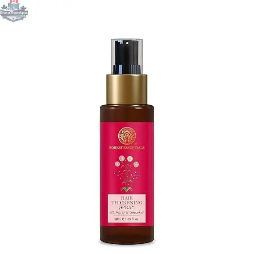 Forest Essentials hair thickening spray with Bhringraj and Shikakai, shown in a spray bottle with natural ingredients.