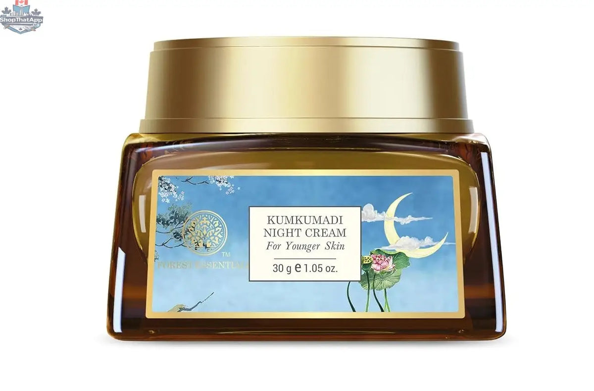 Forest Essentials Kumkumadi Ayurvedic Night Cream jar showing rich cream inside, for radiant skin and natural skincare.