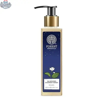 Forest Essentials Mogra Ayurvedic sulfate-free silkening shower wash in a 200ml bottle, perfect for gentle cleansing and floral fragrance.