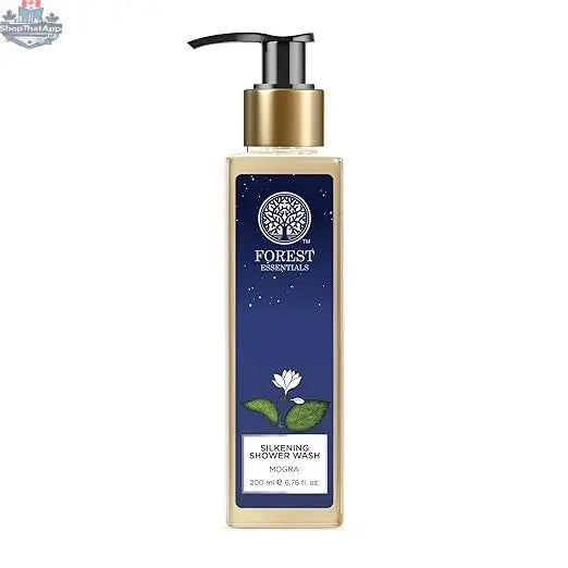 Forest Essentials Mogra Ayurvedic sulfate-free silkening shower wash in a 200ml bottle, perfect for gentle cleansing and floral fragrance.
