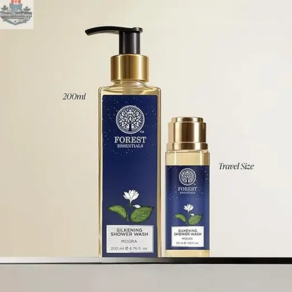 Forest Essentials Mogra shower wash in a bottle, Ayurvedic sulphate-free silkening body wash, suitable for all skin types.