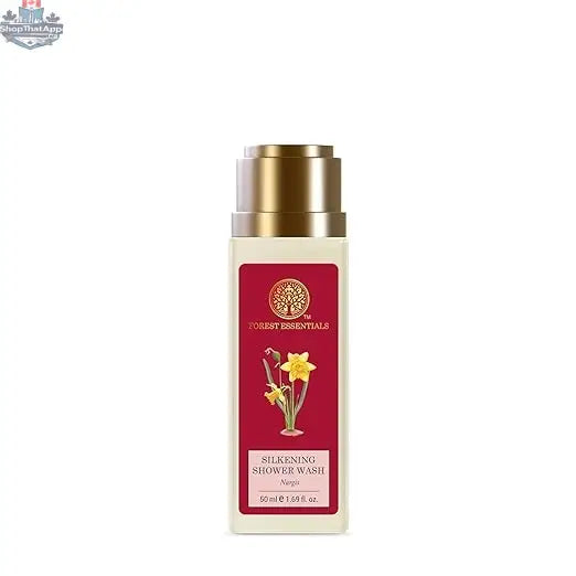 Forest Essentials Nargis Shower Wash bottle showing elegant packaging and product label, ideal for luxurious skin cleansing.