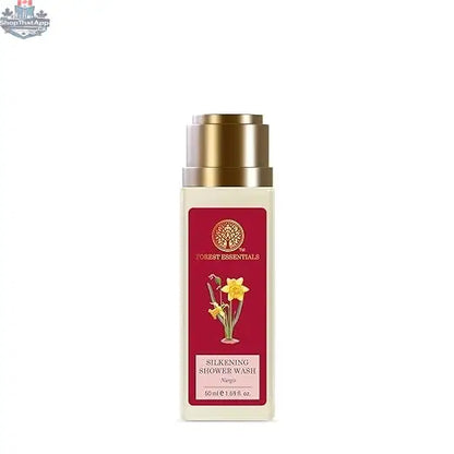 Forest Essentials Nargis Shower Wash bottle showing elegant packaging and product label, ideal for luxurious skin cleansing.