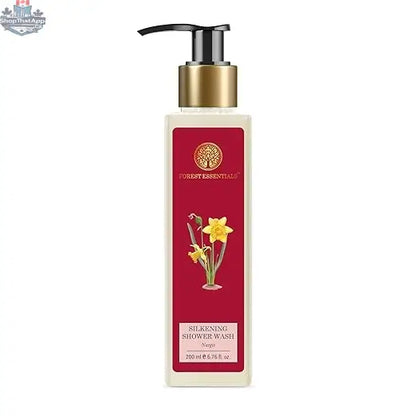 Forest Essentials Nargis Silkening Shower Wash in 200ml bottle, showcasing the luxurious packaging and product label.