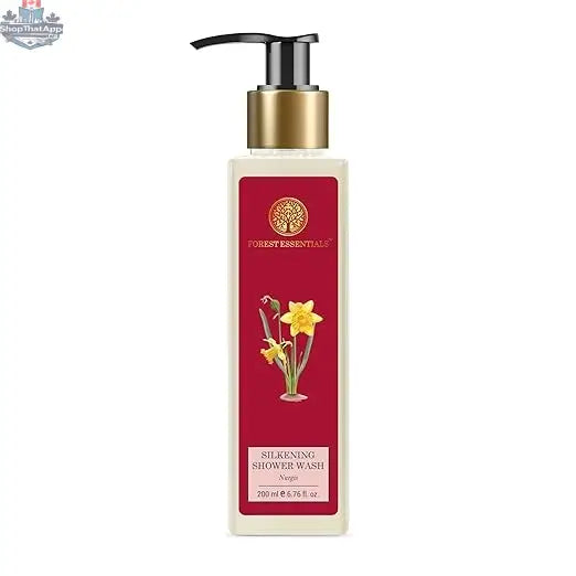 Forest Essentials Nargis Silkening Shower Wash in 200ml bottle, showcasing the luxurious packaging and product label.