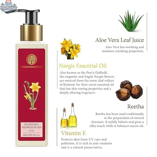 Forest Essentials Nargis Shower Wash for luxurious skin, featuring natural ingredients, in a clear bottle with a pump dispenser.