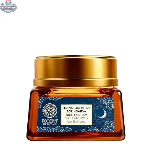 Forest Essentials Soundarya Night Cream with 24K gold jar, showcasing luxurious skincare for radiant, glowing skin at night.