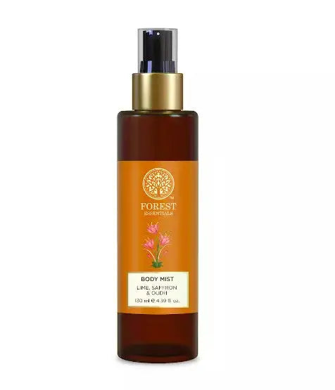 Forest Essentials Lime Saffron Oudh Fragrant Body Mist in 130ml travel size, featuring fresh citrus, spicy saffron, and woody oud notes.