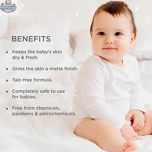Forest Essentials Baby Body Powder Dasapushpadi in a container, showing the natural herbal ingredients and gentle application.