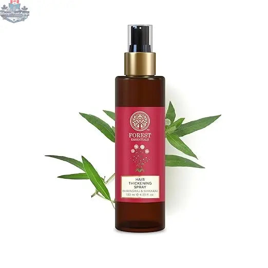 Forest Essentials hair thickening spray with Bhringraj and Shikakai in a 130 ml bottle, designed to enhance hair volume and strength.