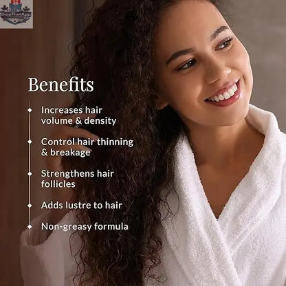 Forest Essentials hair thickening spray with bhringraj and shikakai, showing spray bottle and natural ingredients for hair volume.