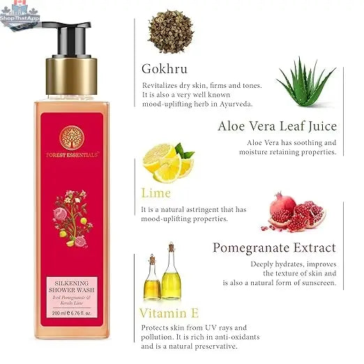 Forest Essentials silkening shower wash with iced pomegranate and Kerala lime, revitalizing personal care product.