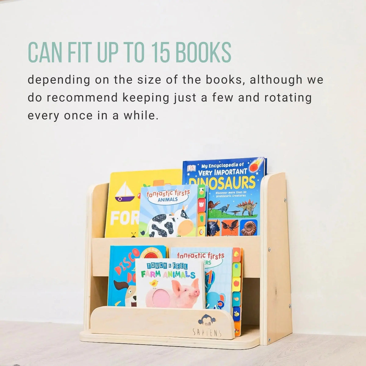 Sapiens Child GUAVA Montessori bookshelf for toddlers with forward-facing shelves holding 15 colorful books for easy access and organization.