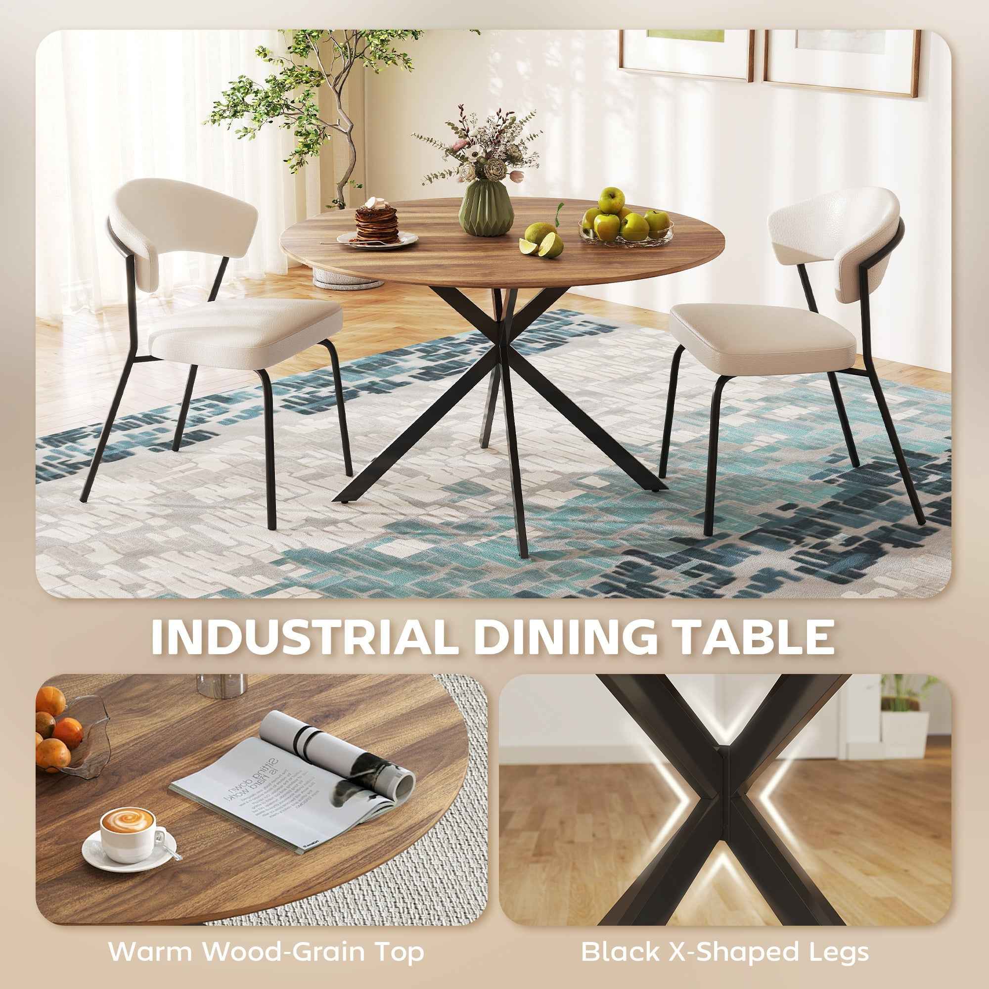 Amory 47" Round Industrial Dining Table with Steel Legs-Dark Brown/Black