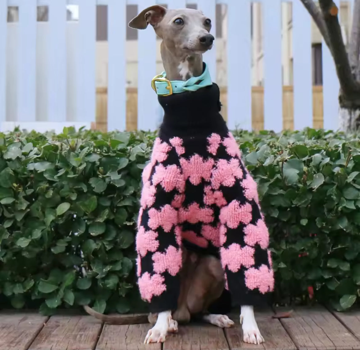 Pawsh Petals Sweater – Pink & Black Crochet Luxe Knit - Shopthatapp.ca
