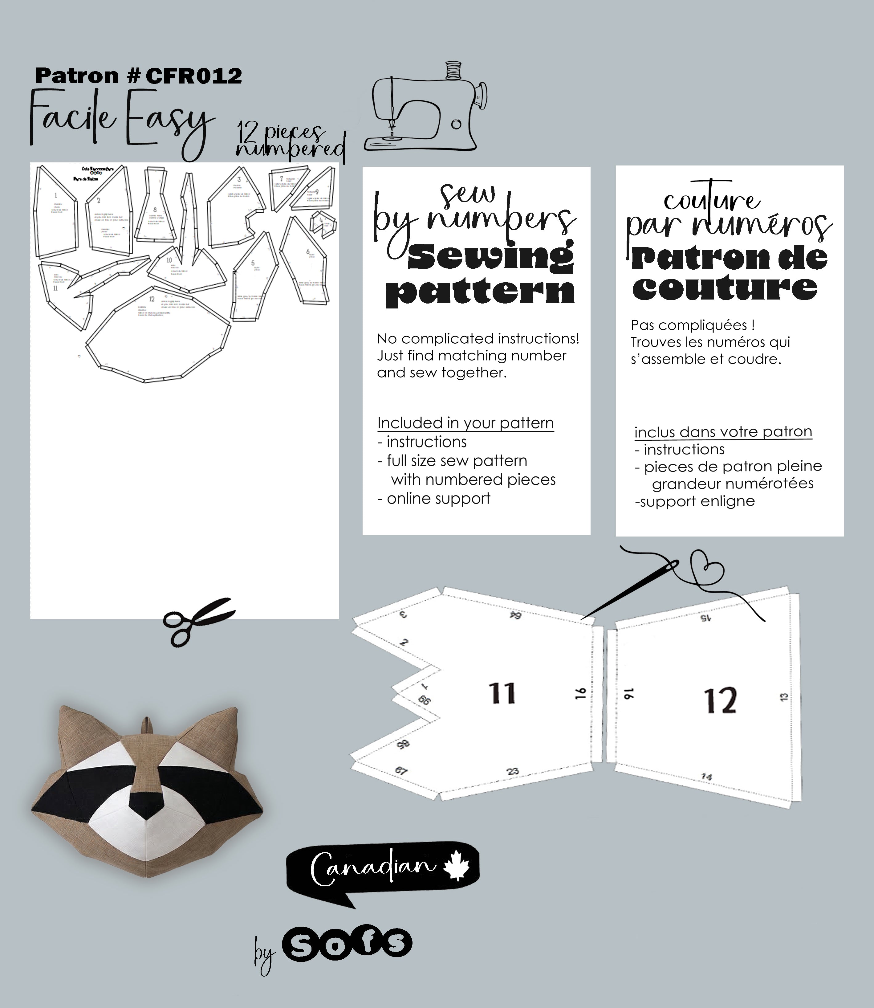 Sewing Patterns Cute Face Raccoon– Sew by Numbers Plush Pattern - Made in Canada - Www.Shopthatapp.ca