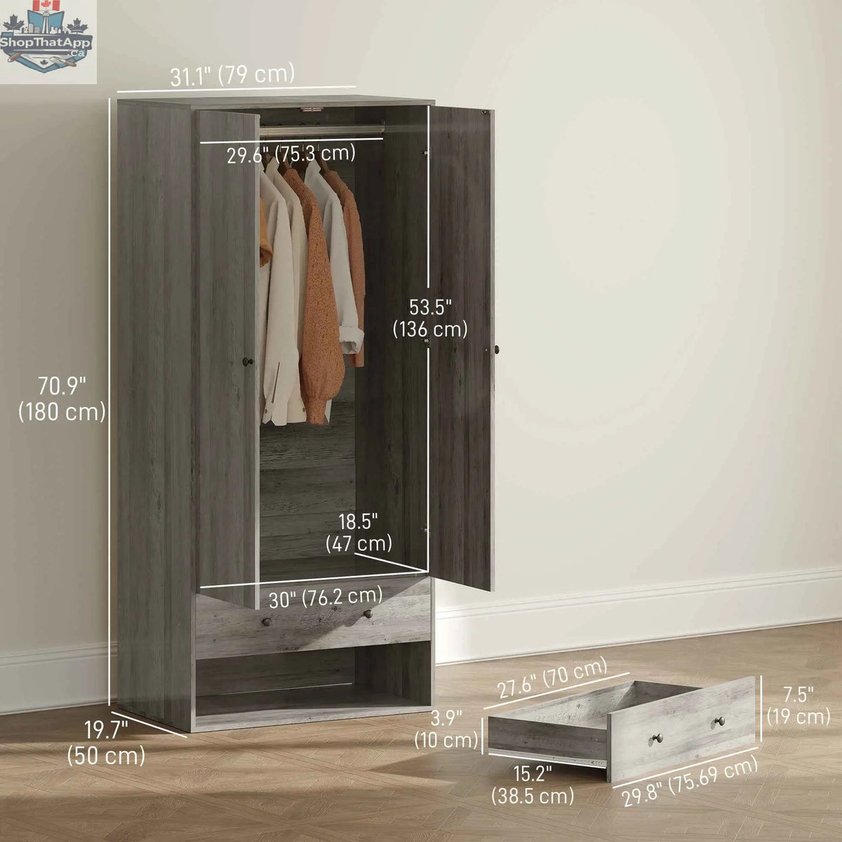 Grey Briar Wardrobe Closet-Armoire by SLOTH Nation with two drawers and a hanging rod, ideal for bedroom storage.