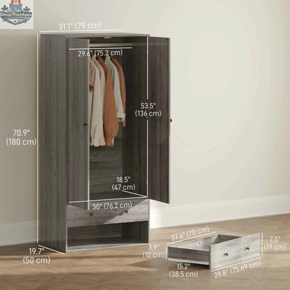 Grey Briar Wardrobe Closet-Armoire by SLOTH Nation with two drawers and a hanging rod, ideal for bedroom storage.