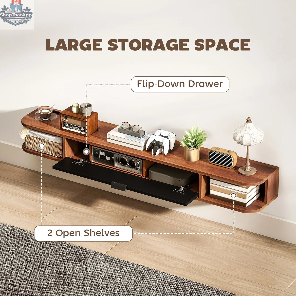Lennox 55" Floating TV Stand for TVs up to 65" with Flip Drawer-Walnut - Shopthatapp.ca