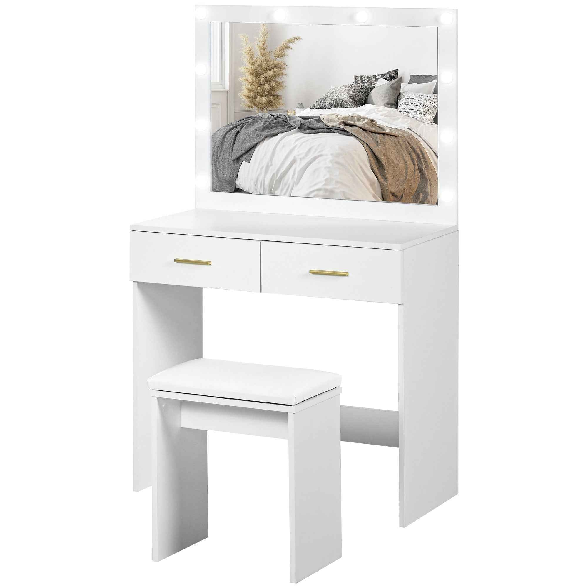 Olivia Vanity Desk Set with Stool and LED Lighting Mirror-White