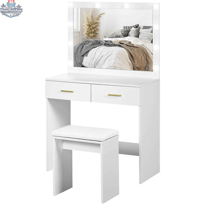 White Olivia vanity desk set with LED mirror, matching stool, and bedroom furniture from SLOTH Nation.