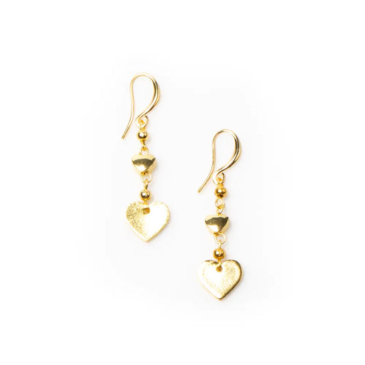 Gold-plated heart drop earrings by Suzie Blue Canada featuring elegant design for special occasions and everyday wear.