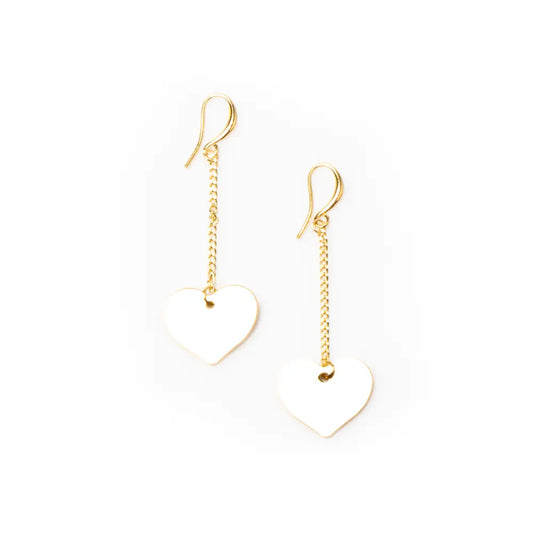 Gold-plated drop chain heart earrings by Suzie Blue Canada, featuring elegant statement jewelry design.