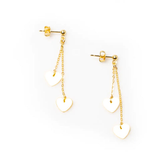 Gold-plated double drop heart earrings with elegant chain stud design by Suzie Blue Canada, featuring a stylish and delicate look.