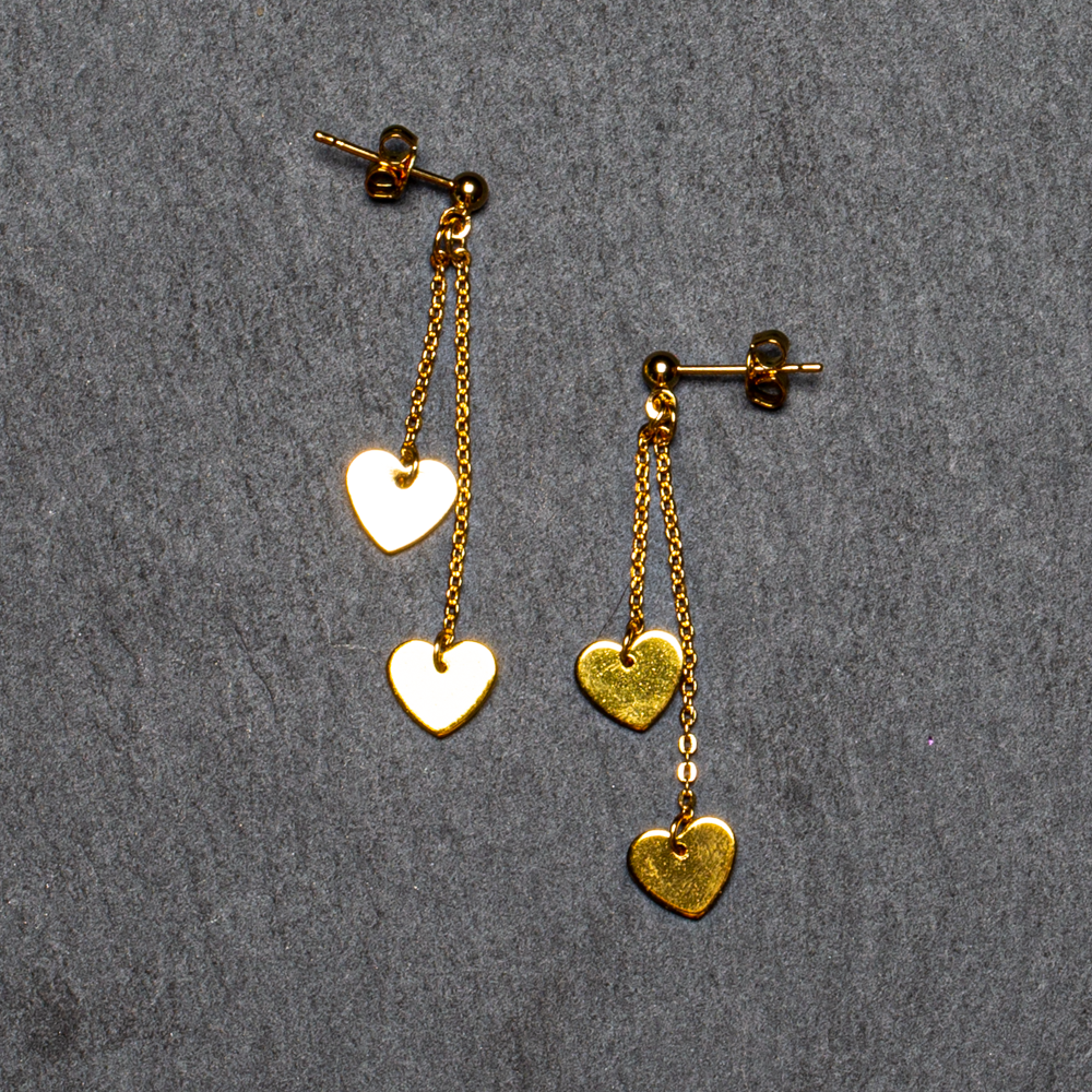 Double Drop Heart Earrings in Gold Plate - Elegant Chain Stud Design - Shopthatapp.ca