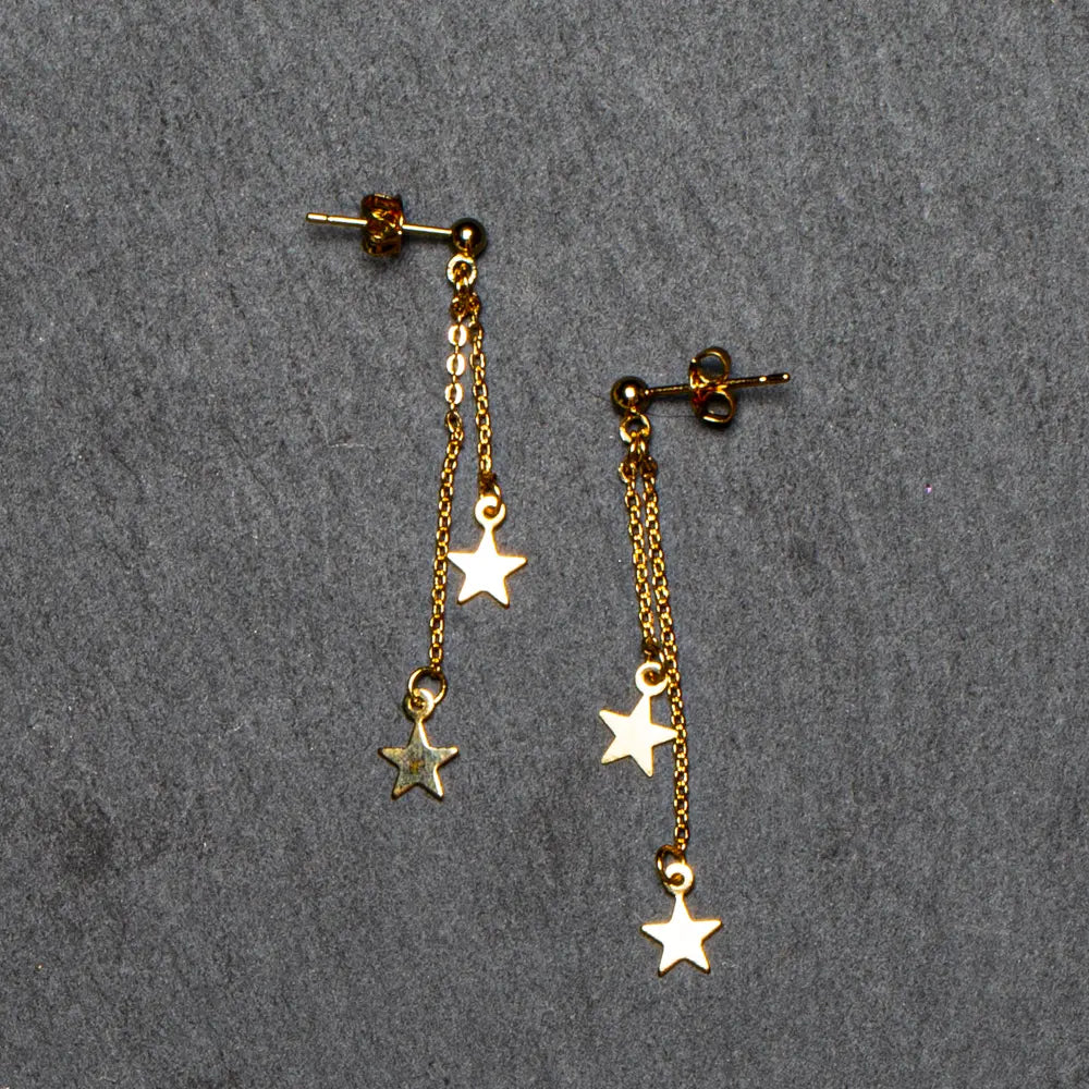Gold plated double drop star earrings with elegant chain design by Suzie Blue Canada, featuring star-shaped drops and delicate links.