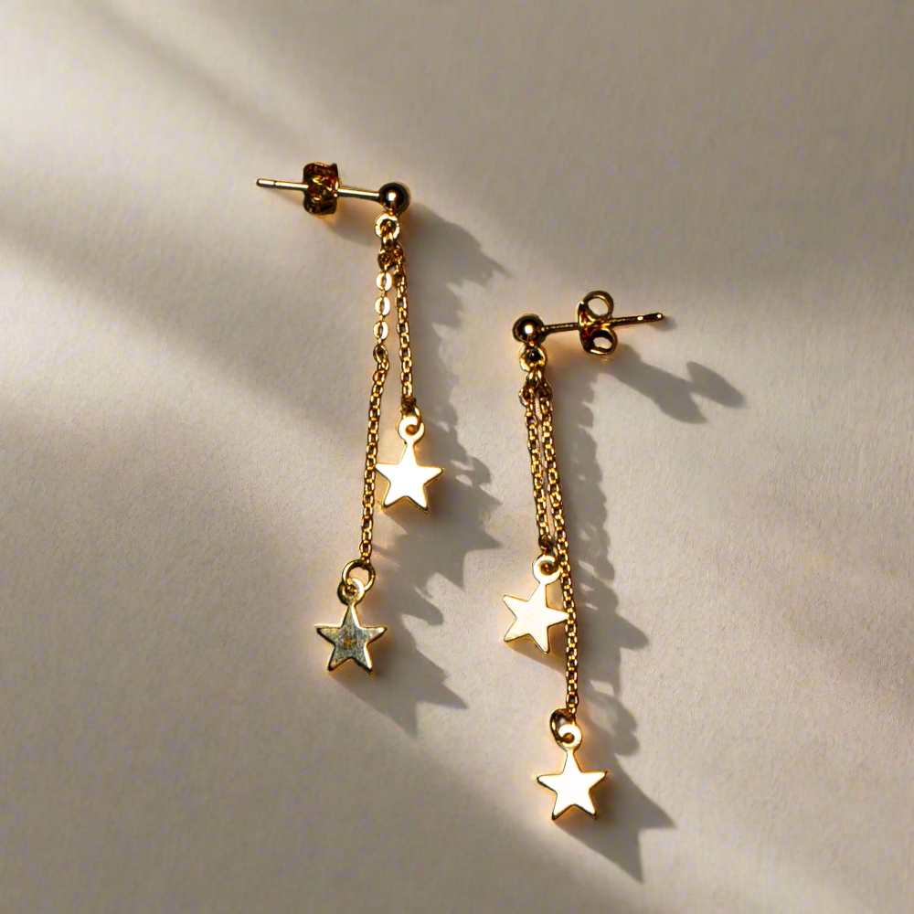 Double Drop Star Earrings in Gold Plate - Elegant Chain Design - Shopthatapp.ca