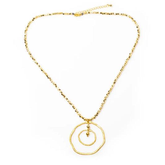 Gold plated beaten double ring necklace by Suzie Blue Canada, featuring a stylish and elegant design.