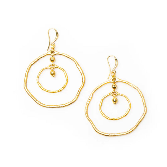 Gold plated beaten double ring earrings by Suzie Blue Canada, featuring textured circular design and stylish earring hooks.