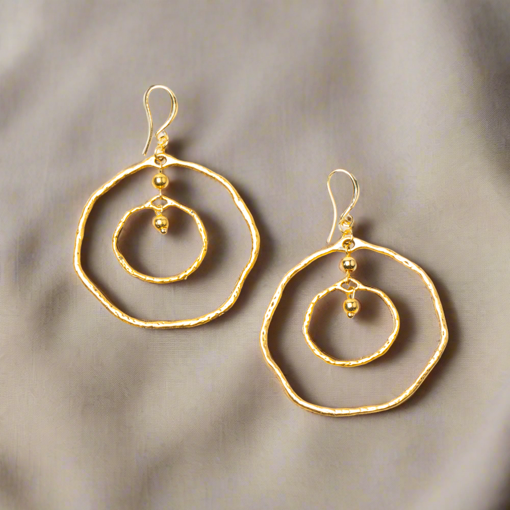 Beaten Double Ring Earring In Gold Plate - Shopthatapp.ca