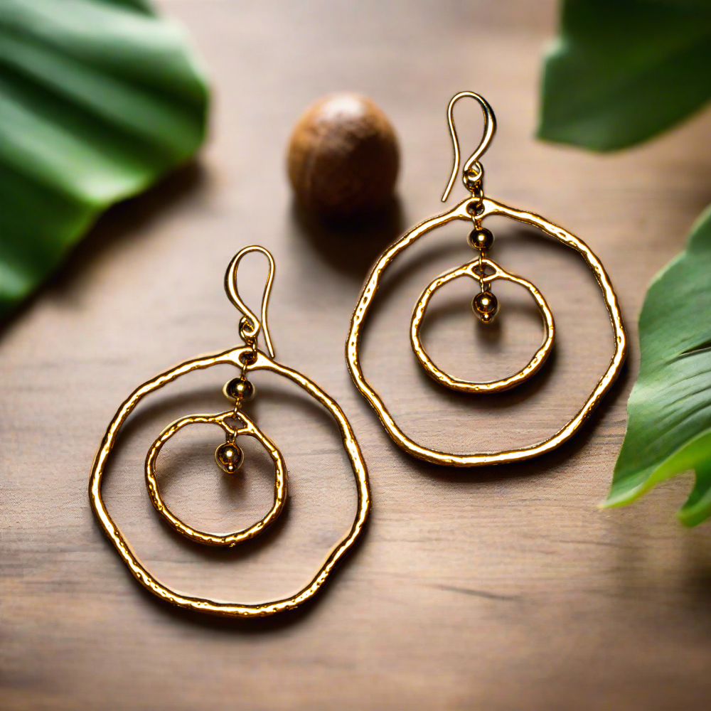 Beaten Double Ring Earring In Gold Plate - Shopthatapp.ca