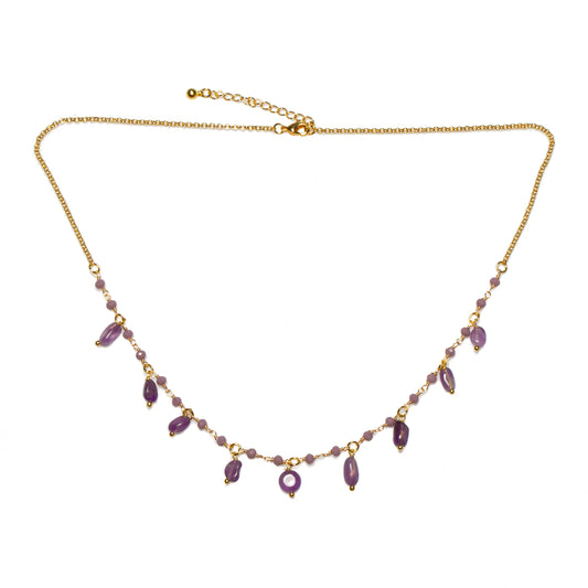 Amethyst glass bead necklace with gold plate droplet accents, elegant jewelry piece from Suzie Blue Canada.