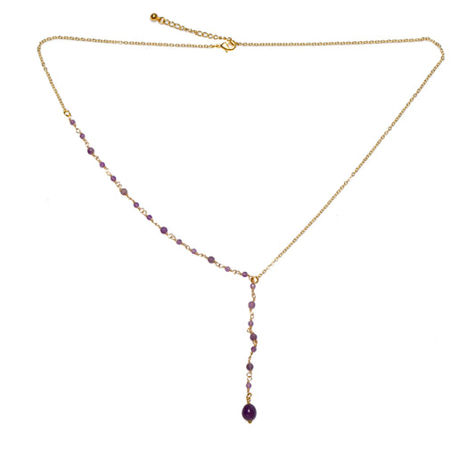 Amethyst drop necklace with delicate glass beads in gold plate by Suzie Blue Canada, featuring a purple amethyst pendant and elegant design.