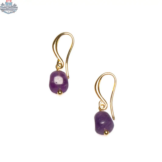 Simple amethyst drop earrings in gold plate featuring teardrop-shaped amethyst stones, stylish and elegant jewelry by Suzie Blue Canada.