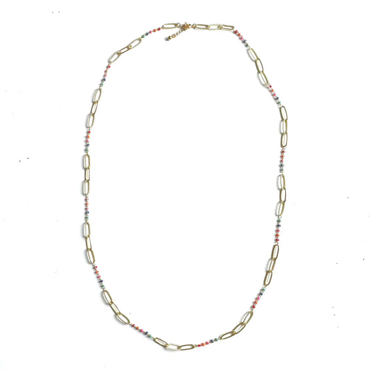 Long chainlink enamel necklace by Suzie Blue Canada featuring vibrant colored enamel links for elegant style.
