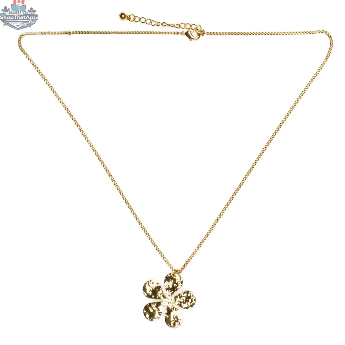 Gold plated hammered flower pendant necklace on chain by Suzie Blue Canada, featuring a detailed floral design.