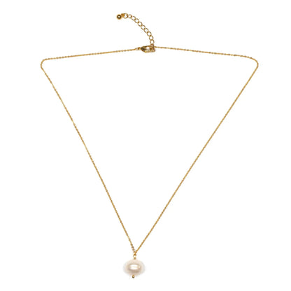 Gold-plated single pearl drop necklace featuring a delicate chain, designed by Suzie Blue Canada for elegant jewelry styling.