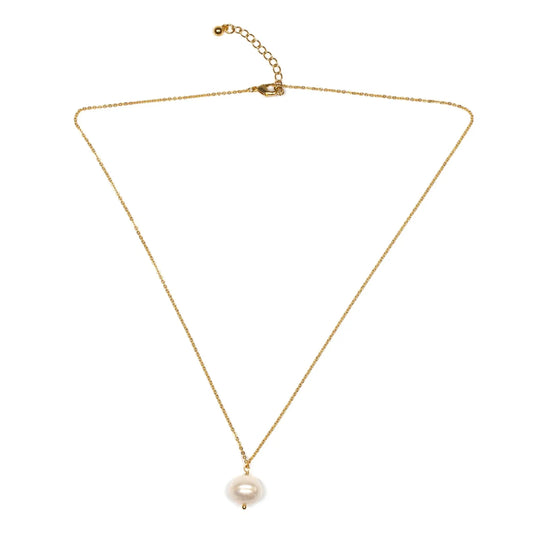 Gold-plated single pearl drop necklace featuring a delicate chain, designed by Suzie Blue Canada for elegant jewelry styling.
