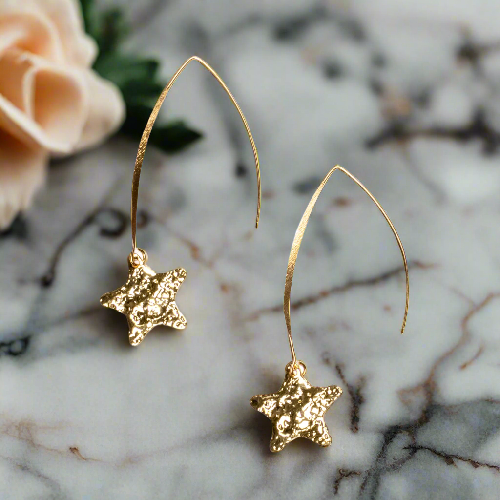 Hammered Gold Star Drop Earrings - Elegant Gold Plate Design - Shopthatapp.ca