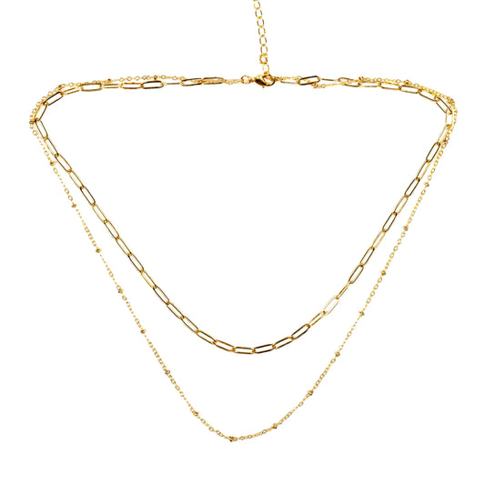Gold plated double chain necklace from Suzie Blue Canada, elegant gold jewelry with layered chain design.